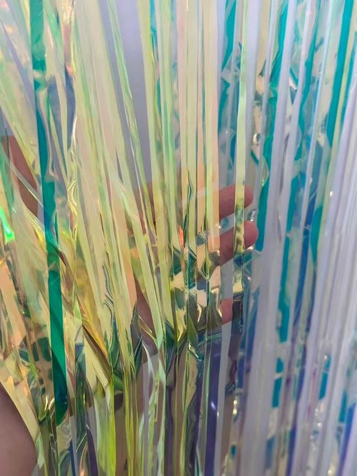 Iridescent Green Party Streamers Backdrop - 2 Pack Neon Holographic Tinsel Fringe Curtain | 3.31 x 6.6 ft