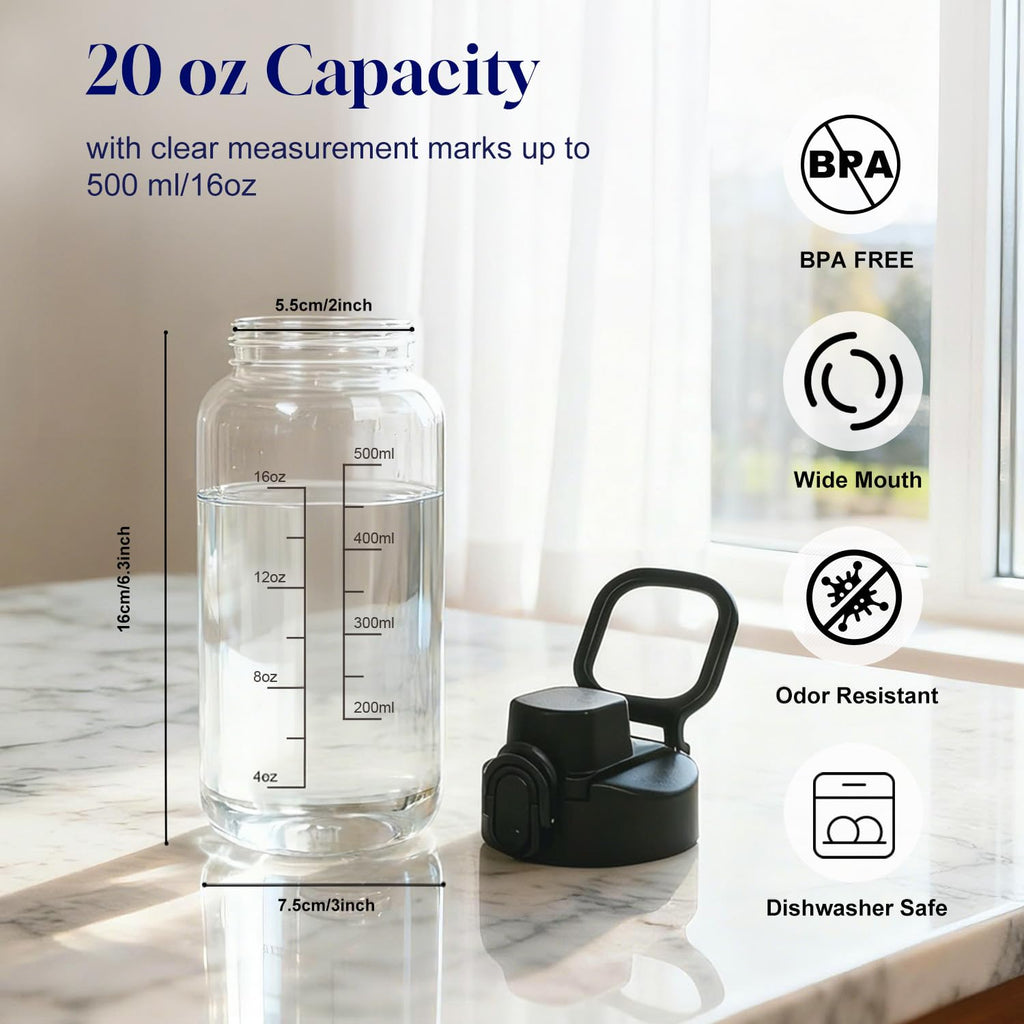 Neodaco 20 OZ Glass Shaker Bottle, Odorless Sport Water Bottle with 304 Stainless Steel Ball and Removable Cleaning Brush for Fitness Protein Mixes