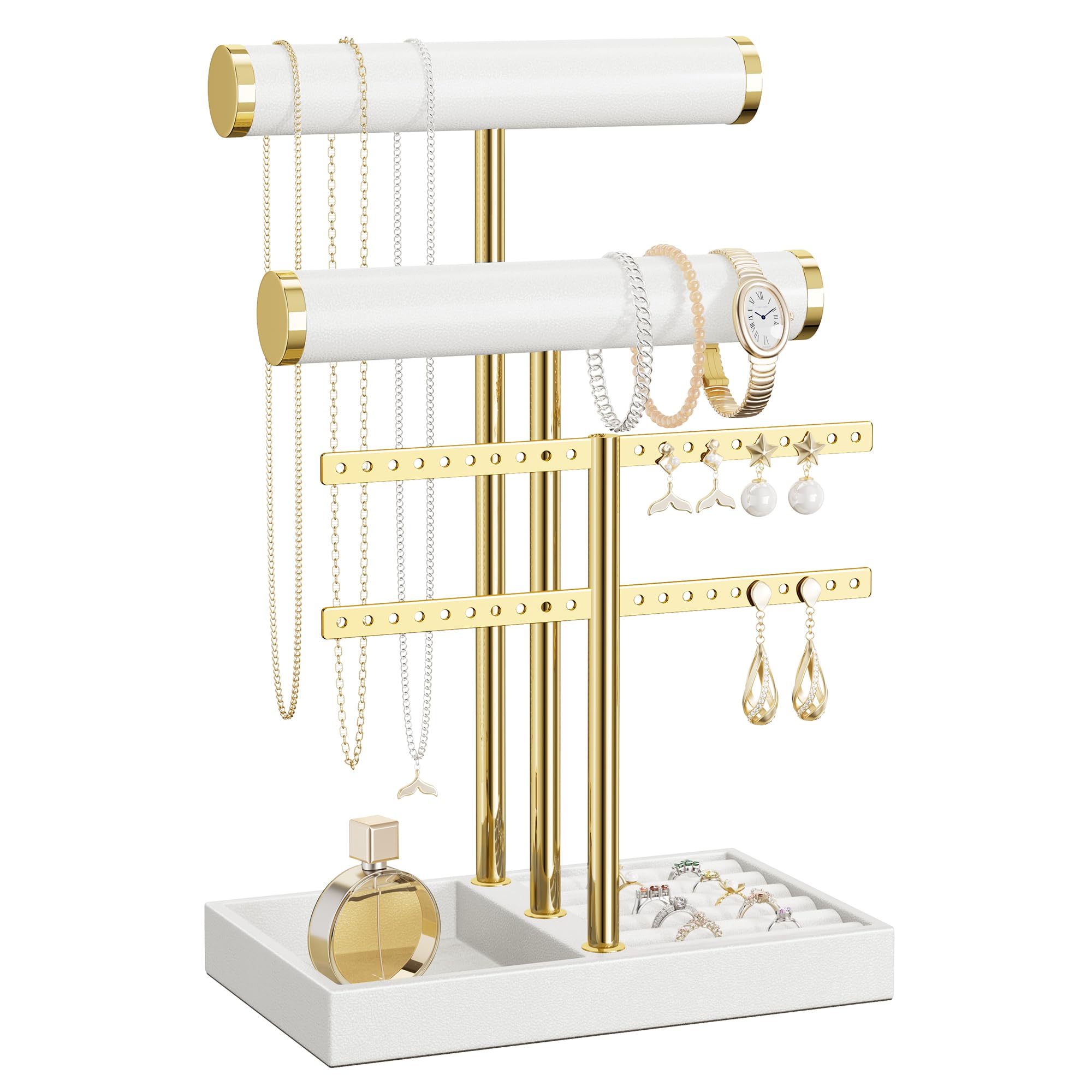 bussdis 3 Tier Bracelet Holder Display - White Leather Bracelet Holder, Detachable T Bar Jewelry Holder Organizer for Bracelet, Necklace, Earrings, Rings, Watches, Bangle