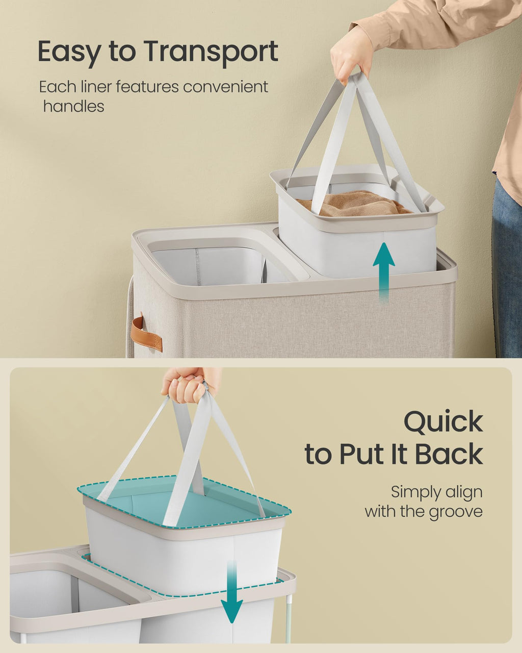 SONGMICS Laundry Basket, 44.9 Gal. Laundry Hamper, 2 Compartments, Easy Assembly, with Lid and Handles, Removable Liners, 22 x 15.7 x 29.5 Inches, Cappuccino Beige ULCB813L01