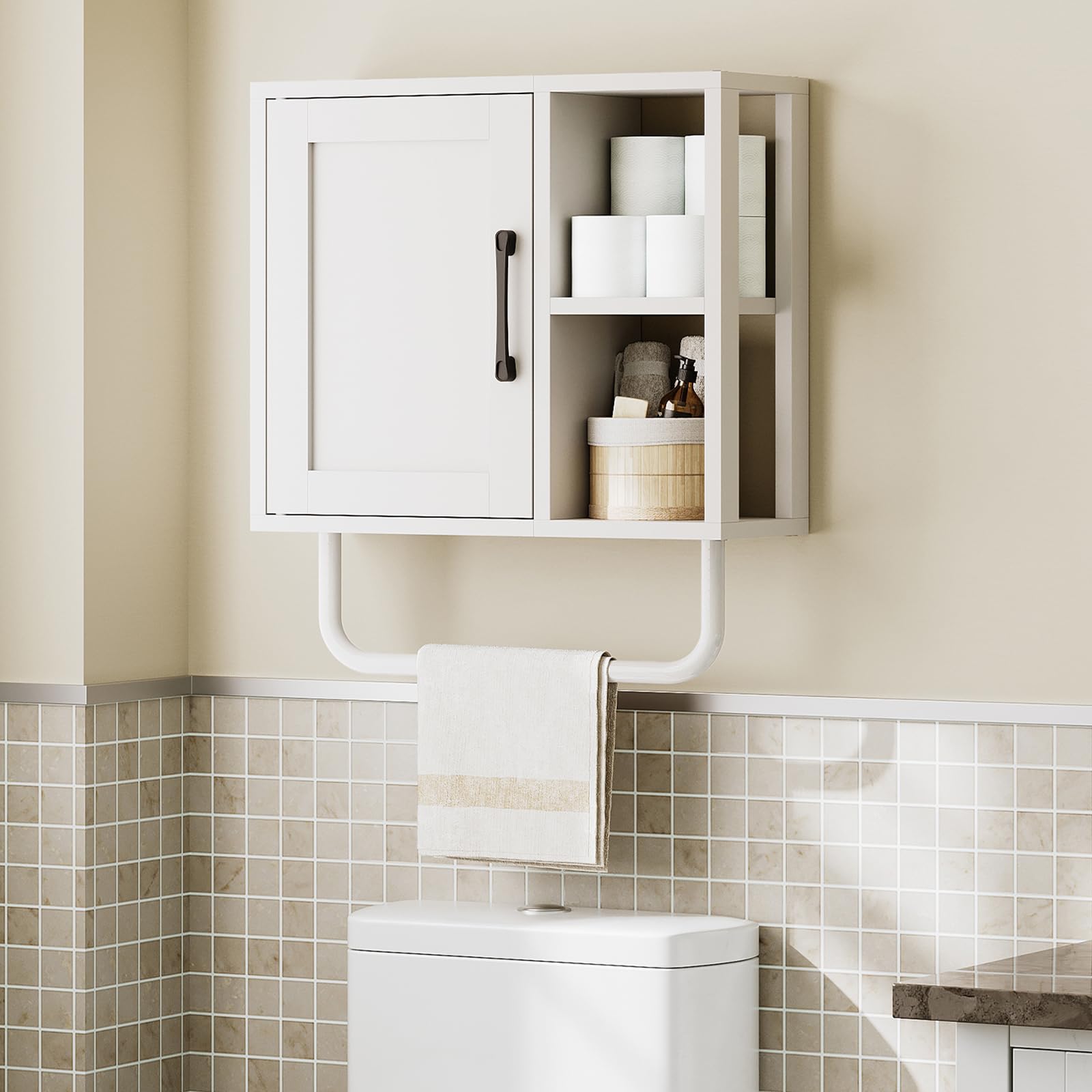 YATINEY Medicine Cabinet, Bathroom Wall Cabinet with Towel Bar, Over The Toilet Storage Cabinet with Adjustable Shelf and Open Partition, for Bathroom, Laundry Room, Living Room, Kitchen, White