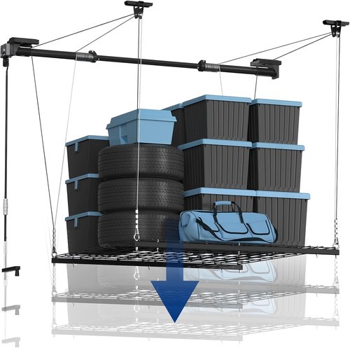 FLEXIMOUNTS Overhead Garage Storage Rack - Adjustable Heavy-Duty Metal System, 4x4 Ft, 350lbs Capacity, Satin Black