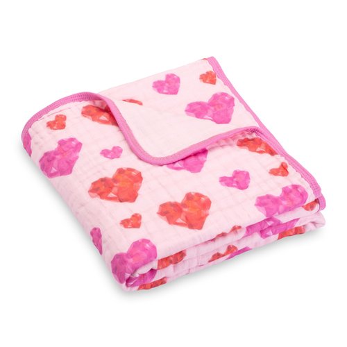 LollyBanks Baby Blanket, 100% Organic Cotton Muslin Quilt for Girls, 47 x 47 Inches Toddler Quilt, Soft and Breathable 6-Layer Newborn Blankets, Crib Bedding Essential (Gemstone Heart Print)