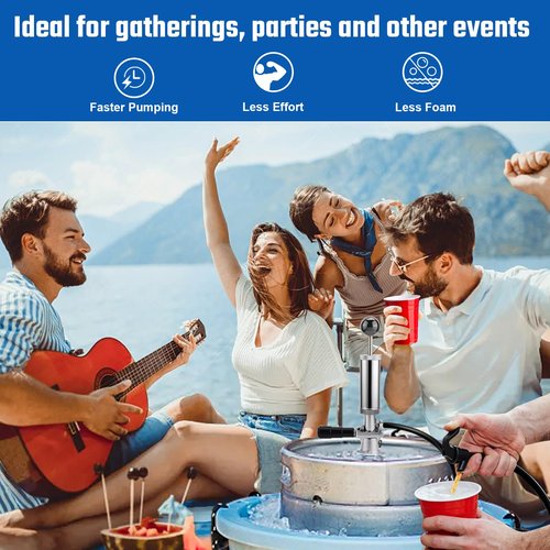 4” Keg Party Pump Keg Tap, D System Beer Keg Pump for US Sankey, Kegerator Tap Stainless Steel Probe Coupler Beer Tap with Beer Line Faucet Hose Clamps for Homebrew Picnic Parties (Silver Clamps)