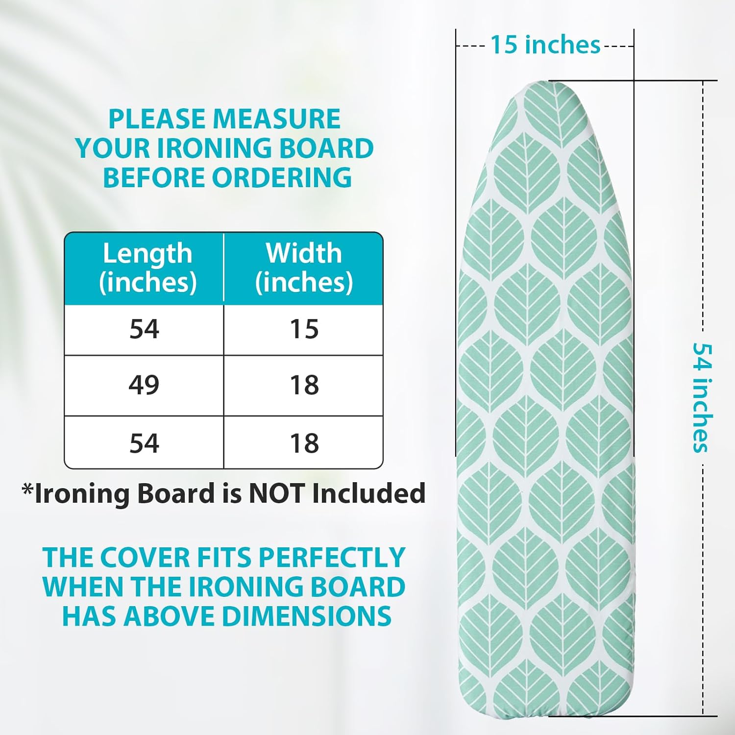 Seiritex Ironing Board Cover - Heat Reflective, Thick Padding, Elasticized Edges | Standard Size 15 x 54 (Green Leaf)