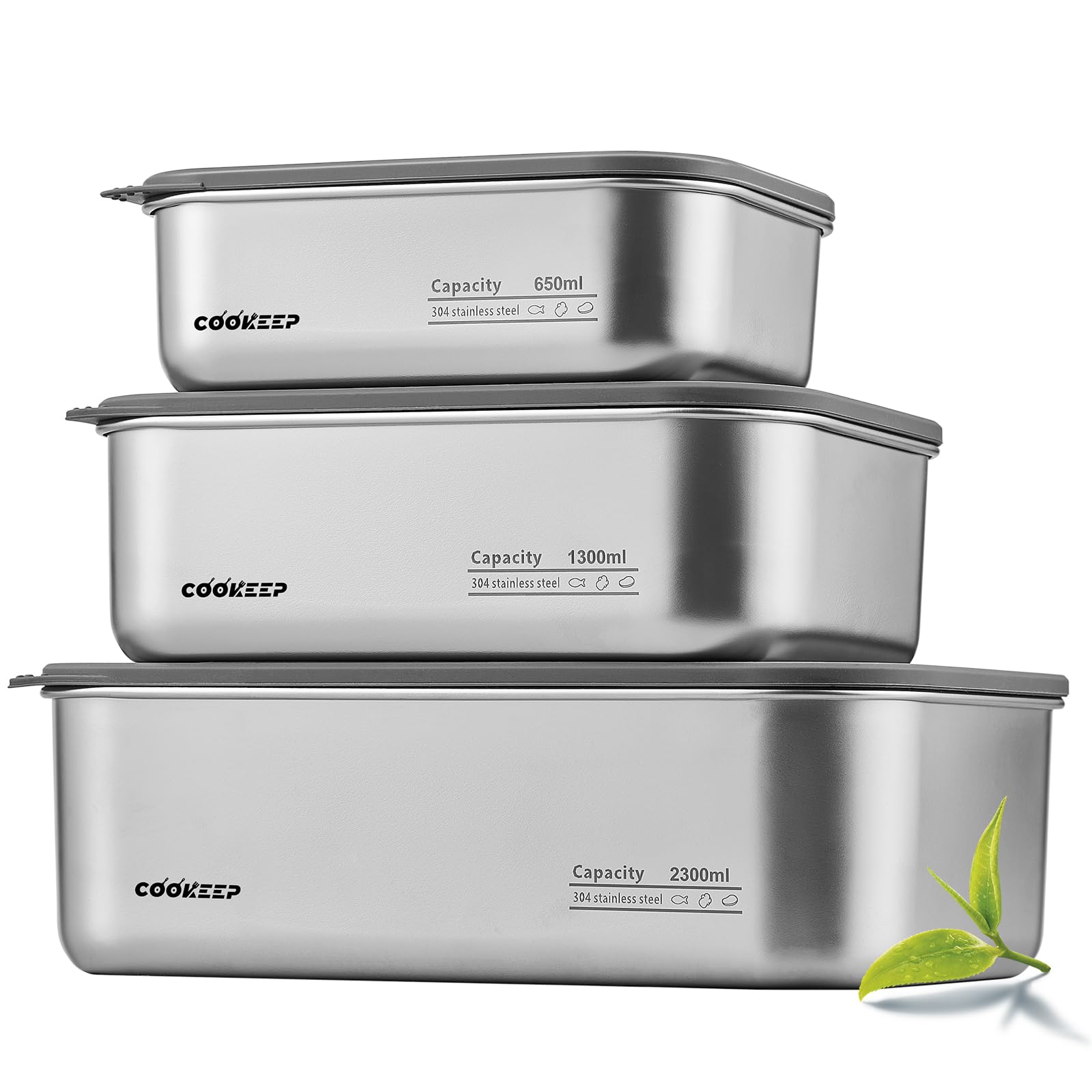 3Pcs Stainless Steel Food Containers,Stainless Steel Containers with Lids,Snack Containers,Lunch Box,Easy Clean,Airtight&Leakproof for Kitchen Storage,Dishwasher Safe,BPA-Free (22oz+44oz+77oz)