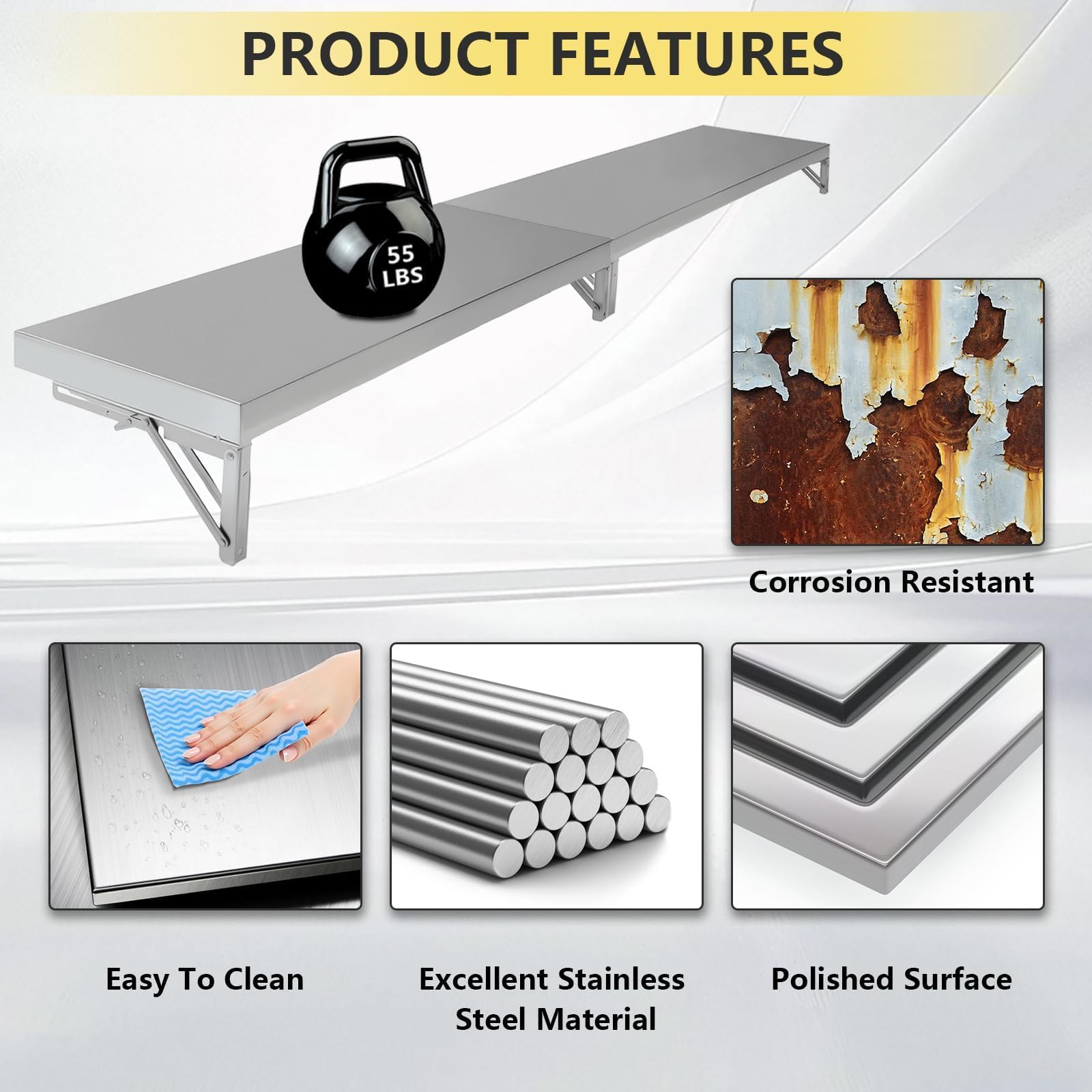 Noliven Folding Concession Shelf 72" x 12", Stainless Steel Drop Down Concession Shelf, Serving Food Shelf Stand Serving for Concession Windows, Restaurant