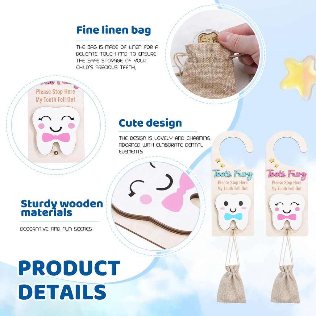 Lummitwit Tooth Fairy Door Hanging Tooth Fairy Storage Bag One Tooth Fairy Coin Keepsake Wooden Tooth Holder with Money Slot to Commemorate Your Child's First Lost Tooth, Tooth Fairy Gift (Pink)