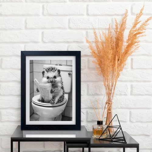 Funny Bathroom Wall Decor - Black and White Hedgehog Art Print | Framed Animal Picture