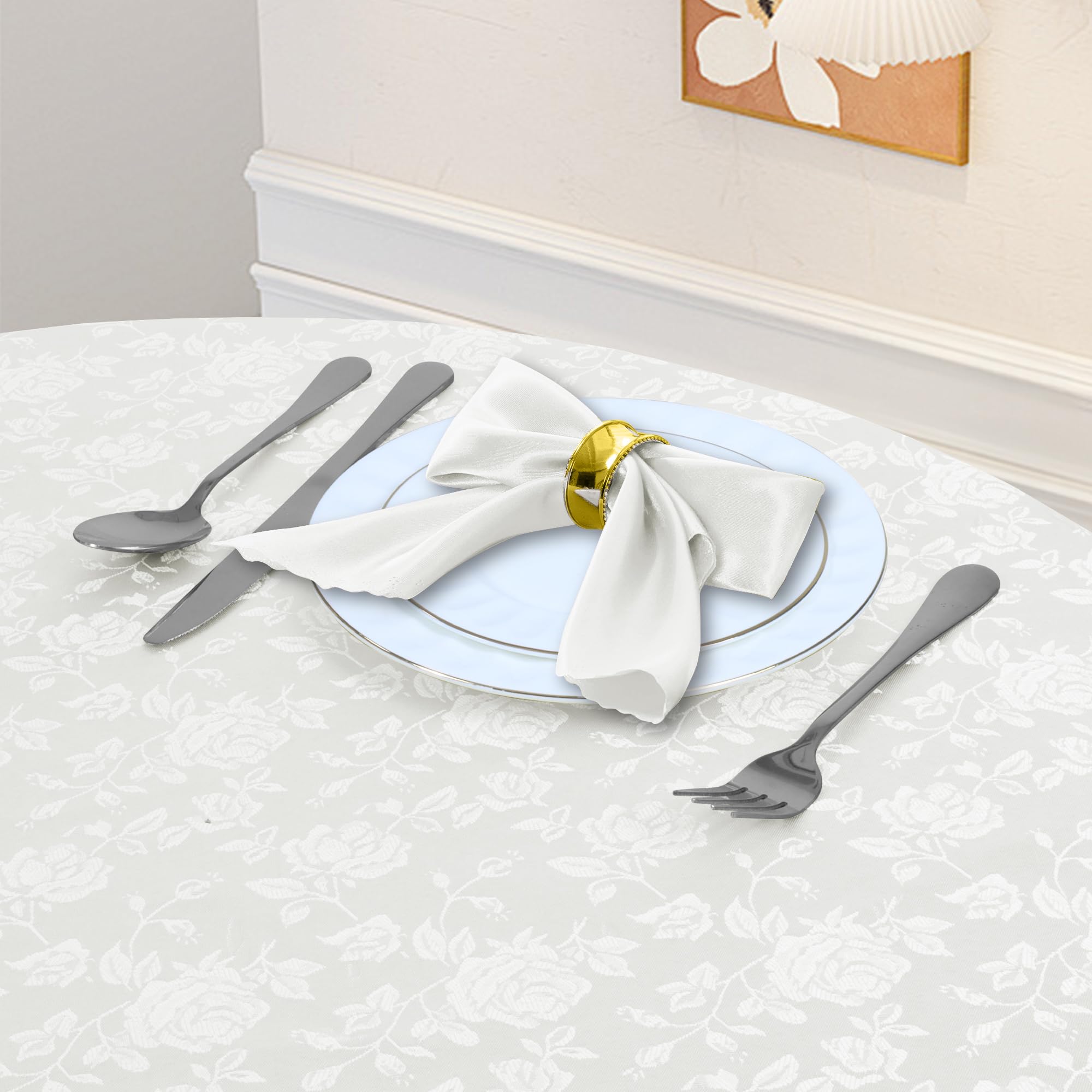 Cobedzy White 60" Round Satin Tablecloth, Jacquard Stain Resistant Table Cloths Wrinkle Free Tablecloth, Silkly Soft Table Cover for Dining Room/Party/Wedding/Banquet/Events