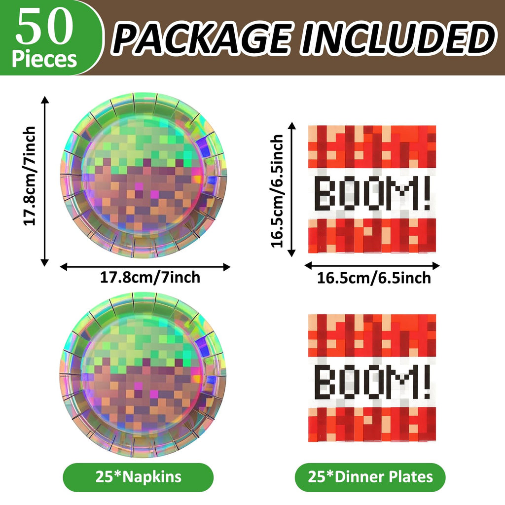 50Pcs Iridescent Pixel Party Plates and Napkins Set Video Game Disposable Tableware Set Pixel Dessert Plates Gaming Party Supplies Birthday Decorations for Kids Baby Shower Teen Gamer Serve 25