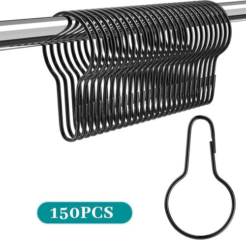 Geetery Metal Shower Curtain Hooks - 150 Pcs Rust Proof & Reusable Stainless Steel Rings | Black