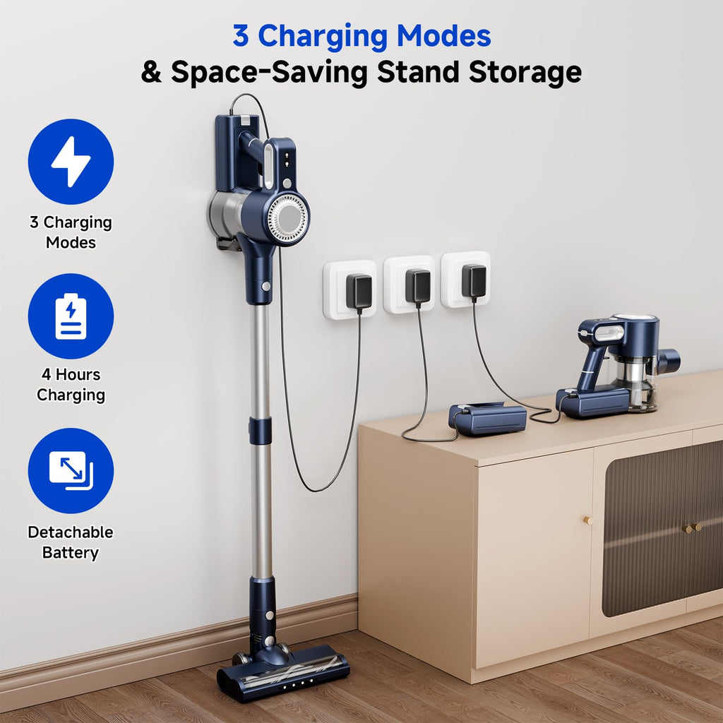 Clinkal Cordless Vacuum Cleaner - 6-in-1 Stick Vacuum with Powerful Suction, Rechargeable, Anti-Tangle Pet Hair Brush, Self-Standing, Green LED Headlight Vacuum for Carpet & Hardwood Floors-Dark Blue
