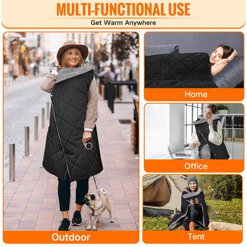 Cordless Heated Blanket, Outdoor Electric Wearable Blanket with 10000mAH Battery and 3 Heating Levels, Heated Blanket Battery Operated Portable Heated Shawl for Home, Outdoor, Camping, Office(Black)