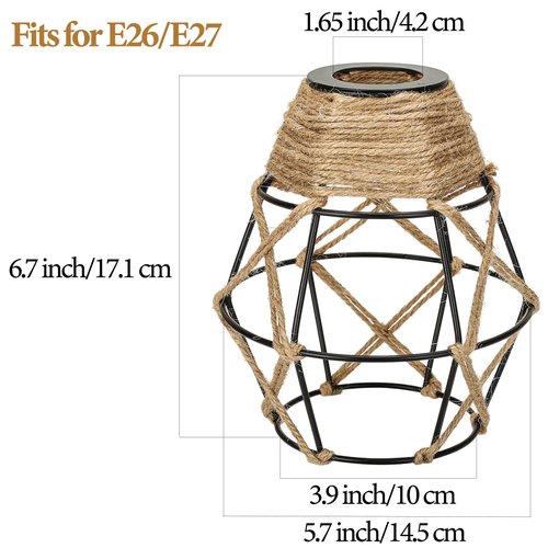 3 Pack Industrial Hemp Rope Pendant Lamp Shade, Small Vintage Boho Hanging Light Shades, Mini Rustic Metal Cage Lampshade for E27 Chandelier Wall Sconces Ceiling Hanging Pendant Light Fixture