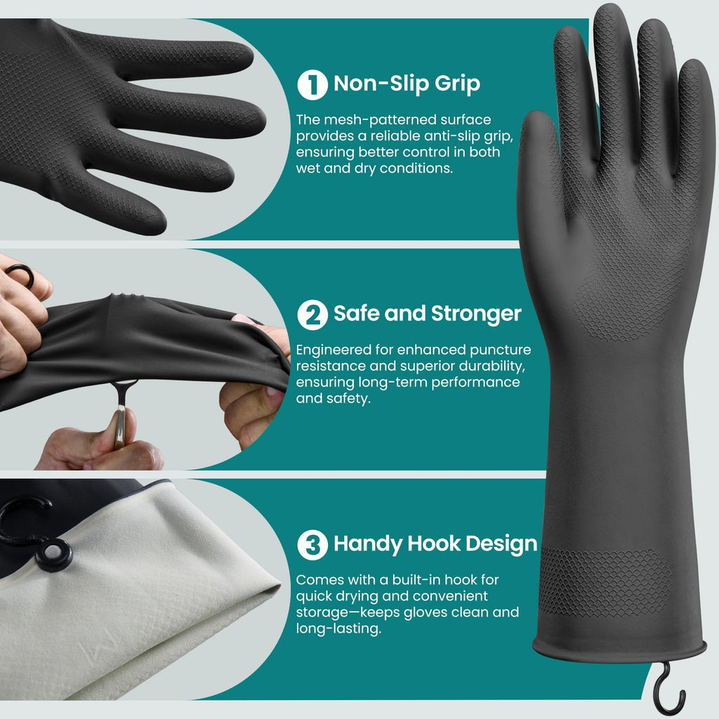 Petacffe 4 Pairs Rubber Dishwashing Gloves with Hanging Hooks - Reusable Cleaning Gloves for Kitchen & Household, Non-Slip, Durable and Flexible (Medium, 4 Colors: Black, Pink, Blue, Purple)