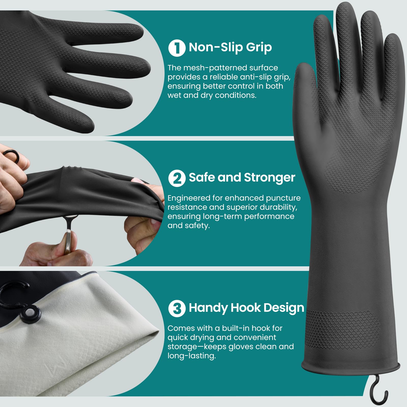 Petacffe 4 Pairs Rubber Dishwashing Gloves with Hanging Hooks - Reusable Cleaning Gloves for Kitchen & Household, Non-Slip, Durable and Flexible (Medium, 4 Colors: Black, Pink, Blue, Purple)