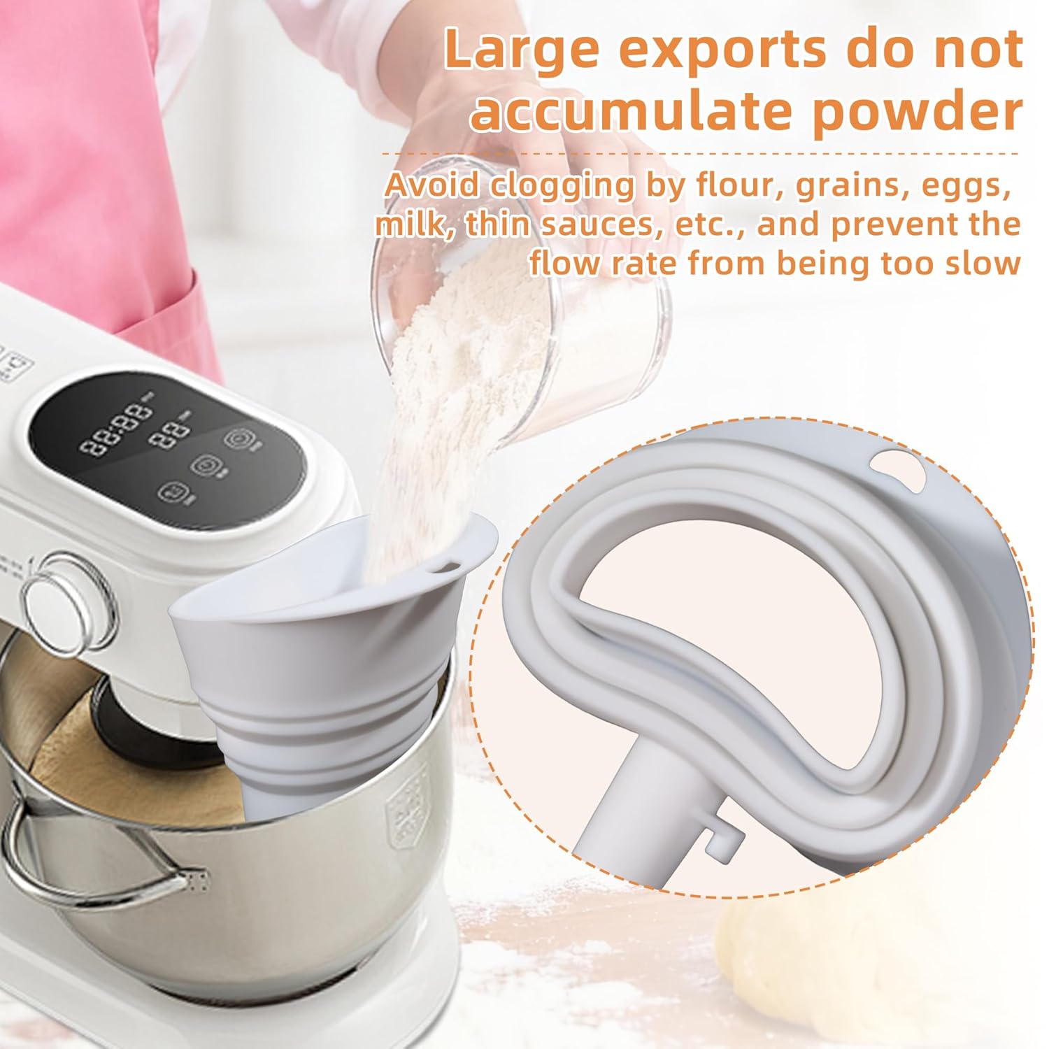 Skiennix Flour Funnel for KitchenAid Mixer - Easy Pour Silicone Kitchen Funnel | Dishwasher Safe (White)