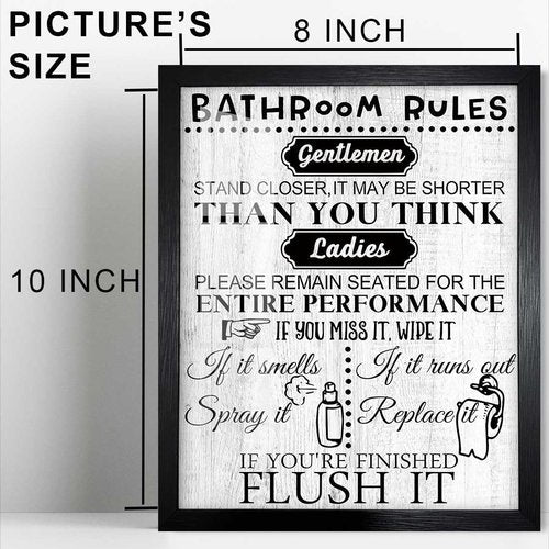 Biufo Bathroom Rules Wall Art - Framed Canvas Print Quotes for Toilet Decor (8"x10")