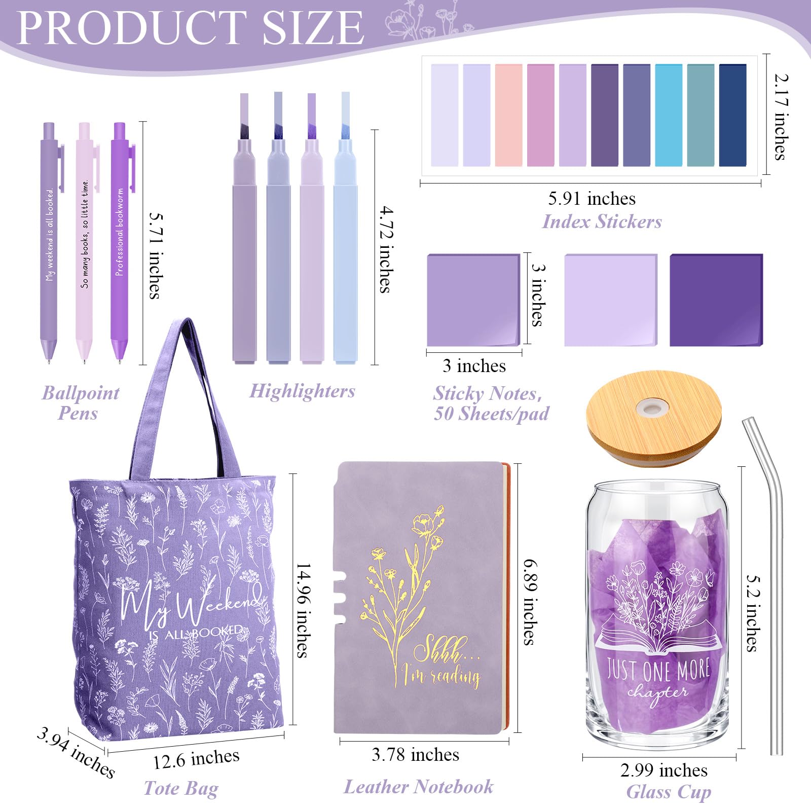 Havawish 14 Pcs Book Lovers Gifts for Women 16 oz Glass Cup Tote Bag A6 Journal Notebook Ballpoint Pens Highlighters Sticky Notes for Library Reader Bookworm Book Club(Purple,Aesthetic)