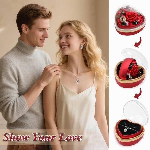 Casaido Preserved Real Rose with I Love You Necklace in Heart Shaped Box, Valentines Day Gift for Her, Red Eternal Flower Christmas Mothers Day Birthday Gifts for Women Mom Wife Girlfriend Grandma