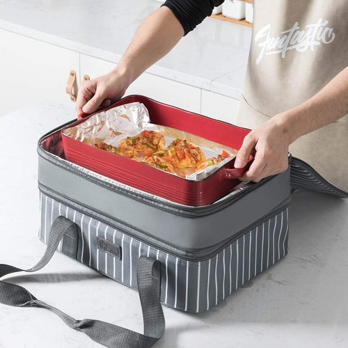 FE FUN ELEMENTS Casserole Carrier - Expandable Insulated Design for Hot or Cold Food | Fits 9" x 13" Dish, Grey