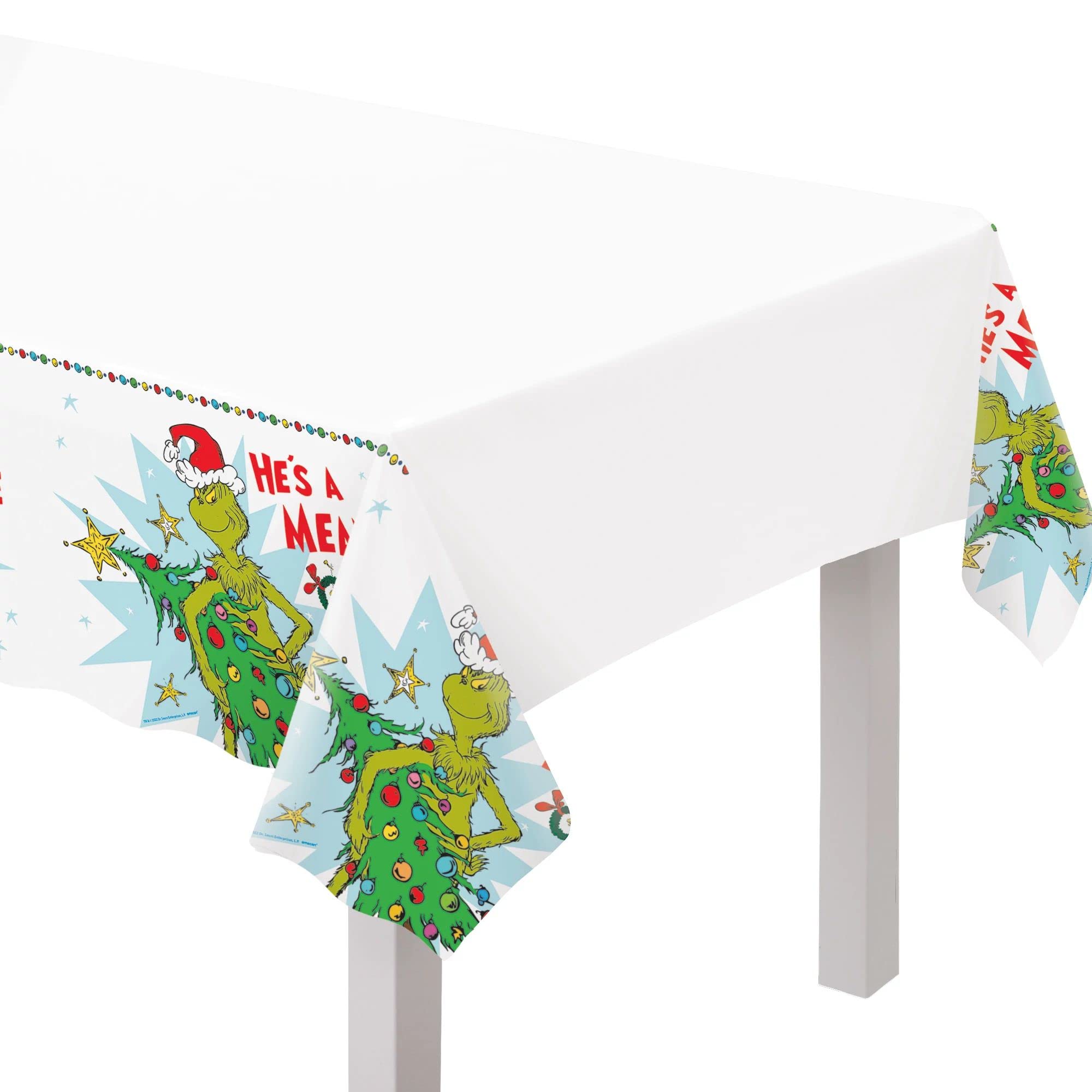 He's A Mean One (The Grinch) Plastic Table Cover - 54" x 102" (1 Pc) - Fun & Colorful Design, Perfect for Themed Parties, Holiday Celebrations & Festive Events