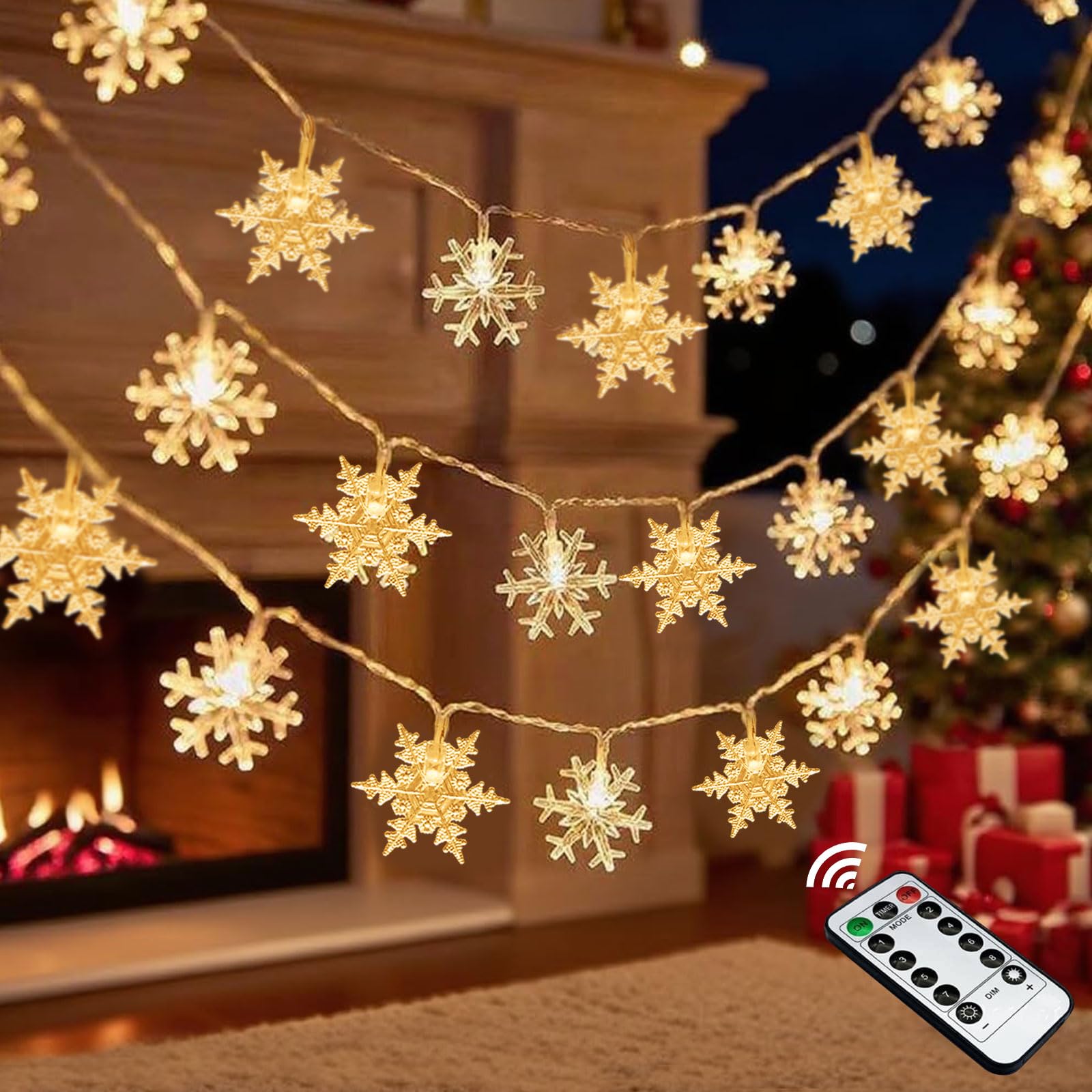 Snowflake Lights, 20 FT 40 LED Battery Operated Christmas Lights with Remote, 8 Modes Timer Waterproof Fairy String Lights Indoor Outdoor Bedroom Room Patio Garden Xmas Tree Decorations (Warm White)