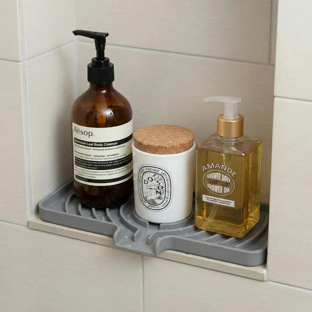 Silicone Sponge Holder for Kitchen Sink With Drain Spout, Self Draining, Kitchen Soap Tray, Bathroom Organizer, Sink Caddy (Gray, 10×4)