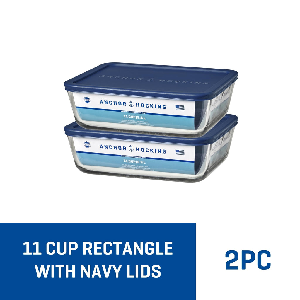 Anchor Hocking 11-Cup Glass Storage Containers with Lids, Set of 2 Glass Food Storage Containers with Navy SnugFit Lids