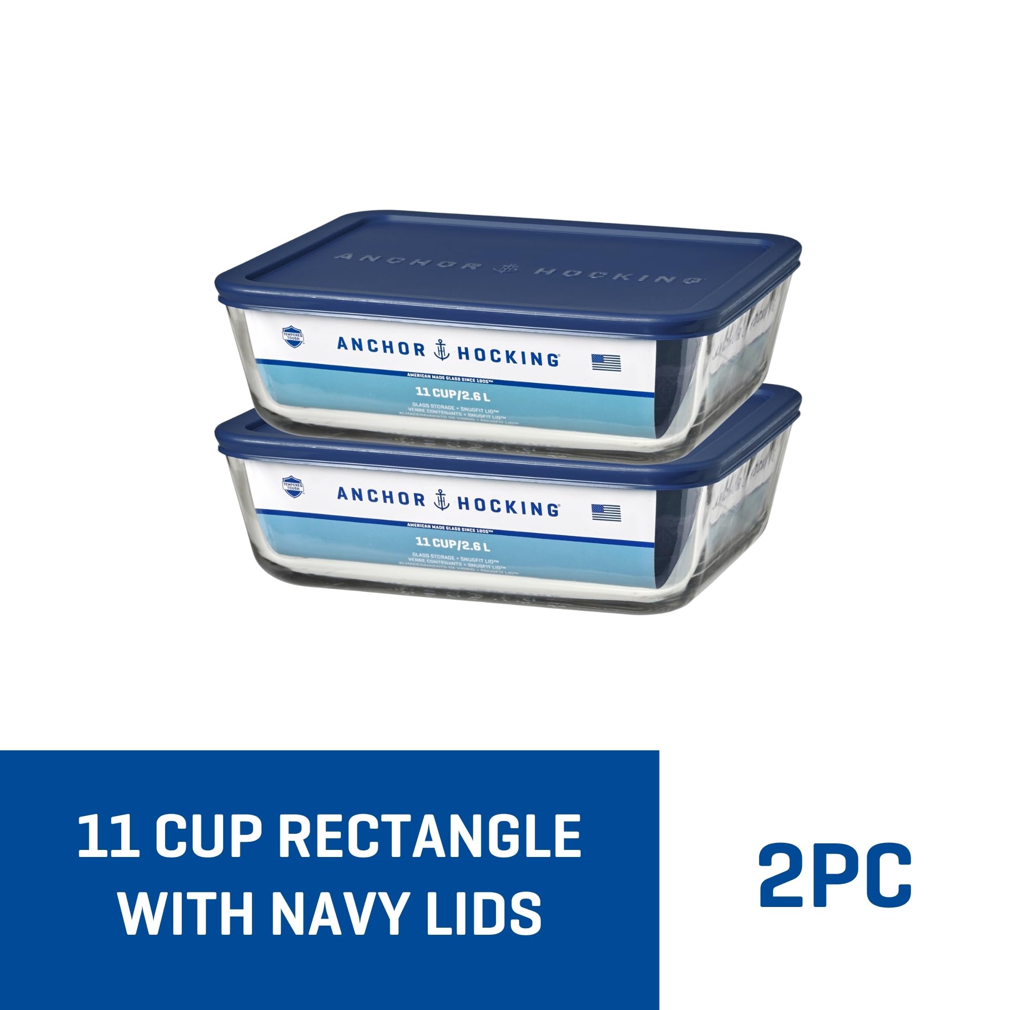 Anchor Hocking 11-Cup Glass Storage Containers with Lids, Set of 2 Glass Food Storage Containers with Navy SnugFit Lids
