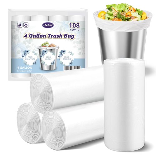 Small Trash Bags 4 Gallon - 108 Count Leakage-Proof 4 Gallon Trash Bag, Small Garbage Bags for Office Bedroom Bathroom Mini Trash Bags, Unscented White 15L Small Trash Can Liners