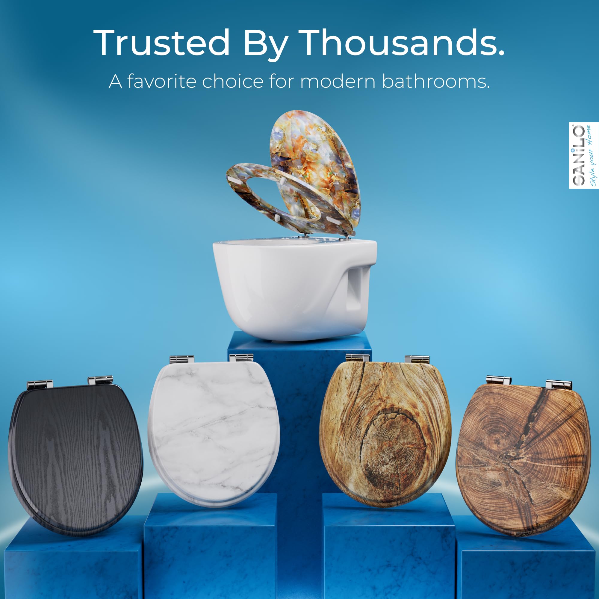 SANILO Wooden Toilet Seat with Soft Close [ROUND] - Decorative, Quiet & Slow Close Molded Wood Seat - With Strong Bumpers & Hinges - Adjustable Fit – Marble Brown