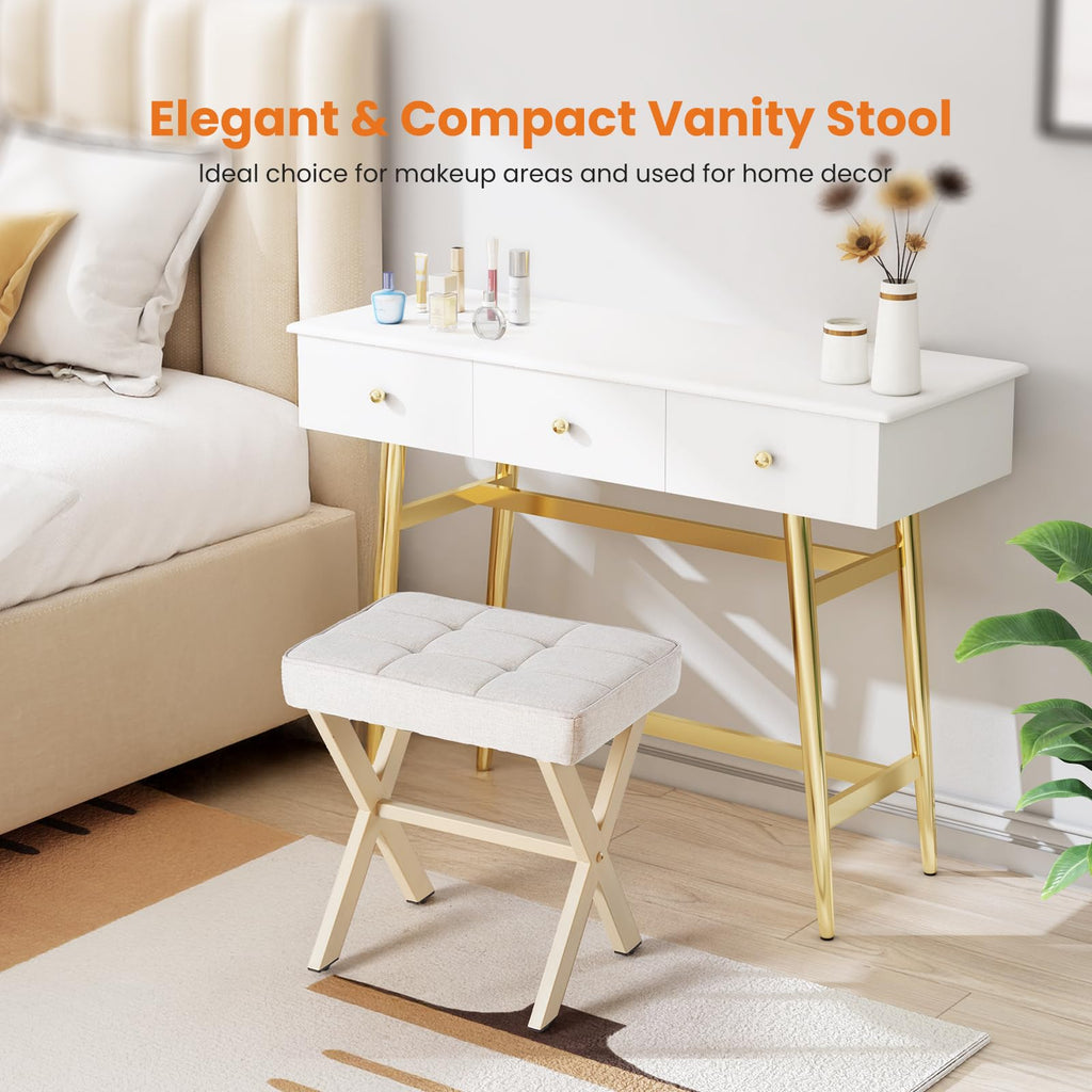 Sweetcrispy Vanity Stool Ottoman, Square Linen Makeup Stool Metal X Legs, Small Footstool Chair for Vanity, Modern Padded Seat Foot Rest for Makeup Room, Bathroom,Living Room, Entryway, Beige