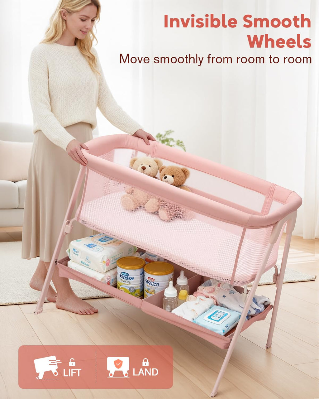JevrJeur Baby Bassinet, Bedside Bassinet for Baby, Bassinet Bedside Sleeper with Mattress, Storage Basket and 4 Auto-Lock Wheels, Full-Mesh Sides, Bedside Mini Crib for Newborn (Pink)