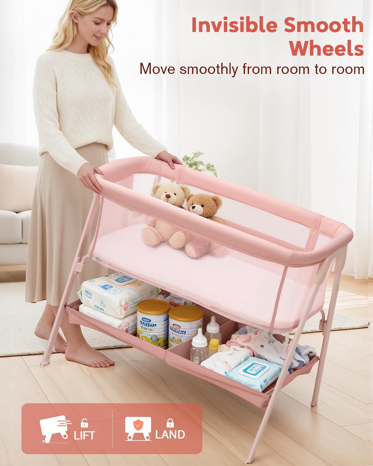 JevrJeur Baby Bassinet, Bedside Bassinet for Baby, Bassinet Bedside Sleeper with Mattress, Storage Basket and 4 Auto-Lock Wheels, Full-Mesh Sides, Bedside Mini Crib for Newborn (Pink)