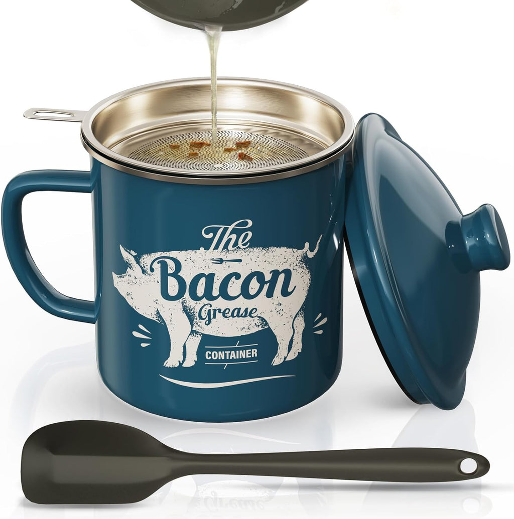 Skiennix Bacon Grease Container - 46oz Enamel Keeper with Strainer & Silicone Spatula | Dishwasher Safe - Blue