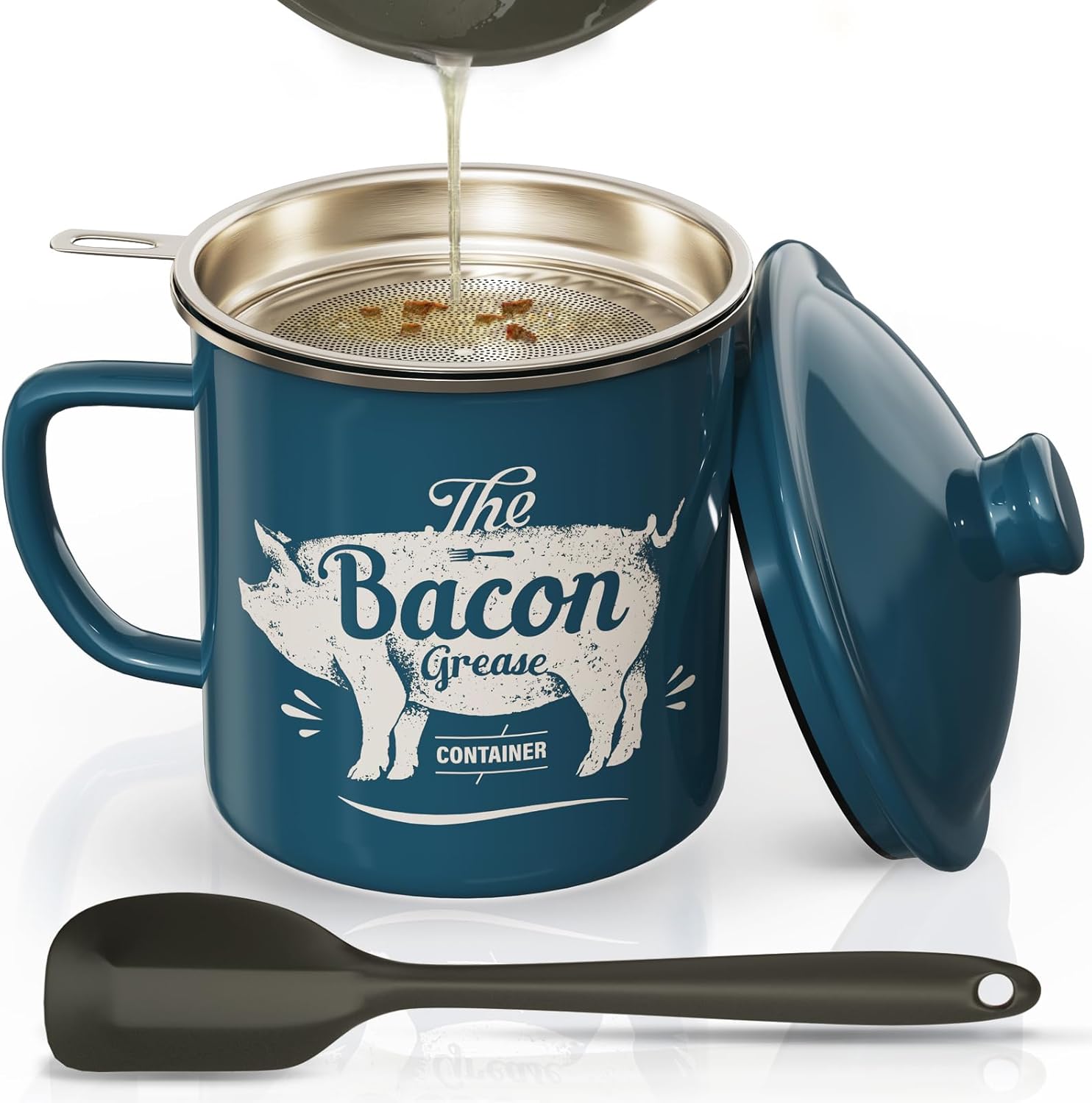 Skiennix Bacon Grease Container - 46oz Enamel Keeper with Strainer & Silicone Spatula | Dishwasher Safe - Blue