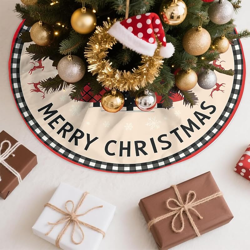 Buffalo Plaid Christmas Tree Skirt 30 Inch - Red & Black Snowflake Reindeer Xmas Mat, Xmas Tree Decor - Variation: Buffalo Plaid+30 inch