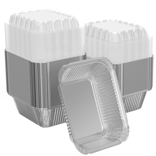 iHomeSet 200 Pack 1 lb Rectangular Disposable Aluminum Foil Pan 16 oz Take Out Food Containers with Clear Plastic Dome Lids, for Catering, Baking, Roasting Food