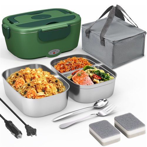 Sitlais Heated Lunch Box for Men&Women - 80W Electric Lunch Box for Adults with Dual 1.5L 304 Stainless Steel Containers Fast Heating Portable Food Warmer for Car&Truck lonchera eléctrica portátil