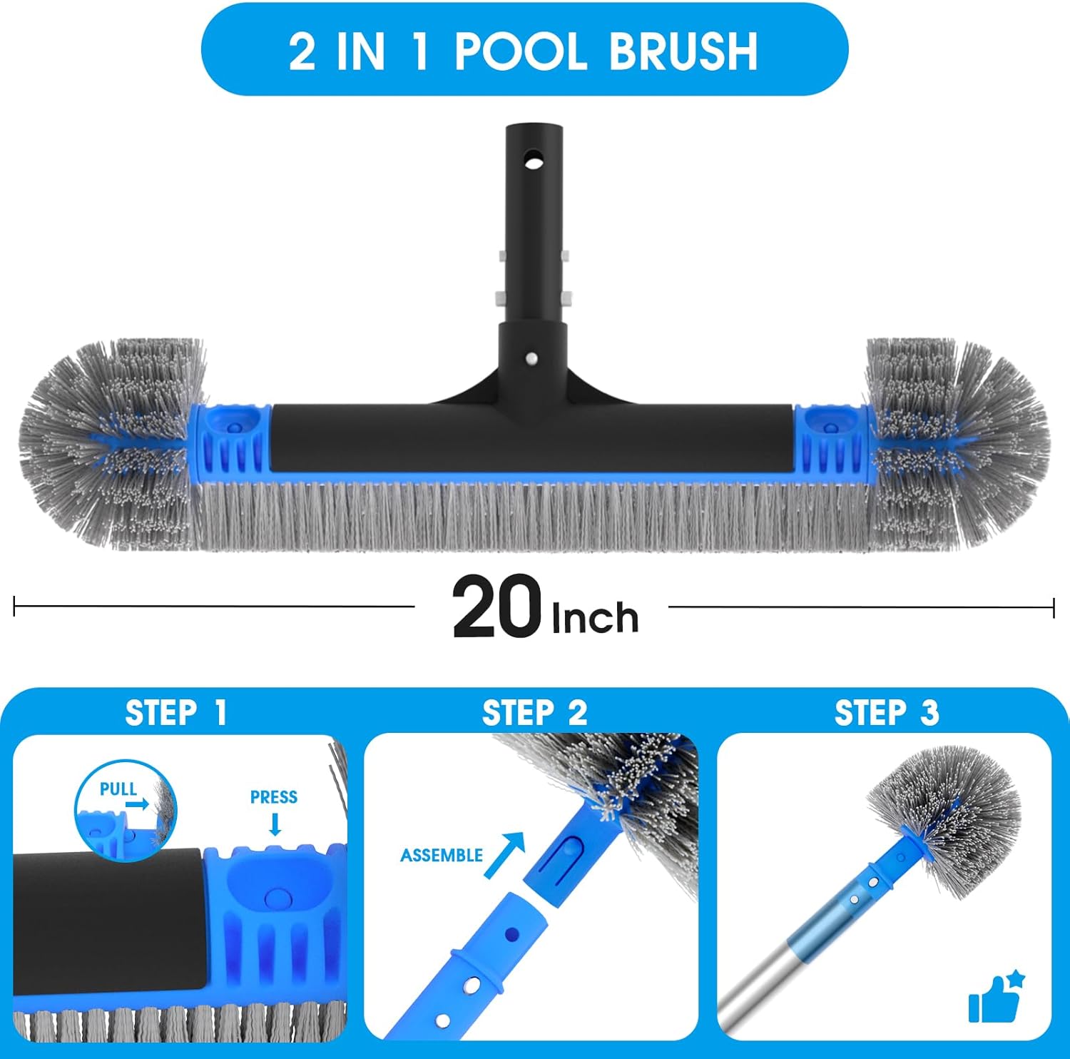 TidyMister 20'' 2-in-1 Pool Brush Head - Heavy-Duty Cobweb Duster with EZ Clip & Wavy Nylon Bristles for Inground & Above-Ground Pools