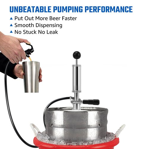 4” Keg Party Pump Keg Tap, D System Beer Keg Pump for US Sankey, Kegerator Tap Stainless Steel Probe Coupler Beer Tap with Beer Line Faucet Hose Clamps for Homebrew Picnic Parties (Silver Clamps)