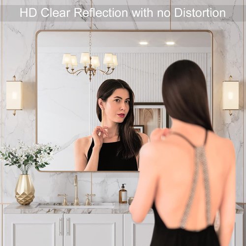 LOAAO Gold Bathroom Mirror - Rounded Rectangle Design | Anti-Rust Tempered Glass, 40" x 32" Size, Wall-Mounted