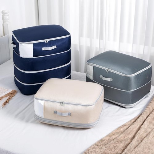 Comforter Storage Bag - 130L Large Capacity Washable Compression Organizer | 4-Layer Space Saving, 2-Pack, Beige
