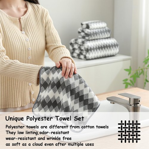 12 Pcs Gray White Diamond Towel Set-4 Bath Towels,4 Hand Towels,4 Washcloths Soft Polyester Towels with Loop Absorbent Shower Towel Quick Dry Beach Chair Towel Family Towels for Bathroom Spa Gym Pool