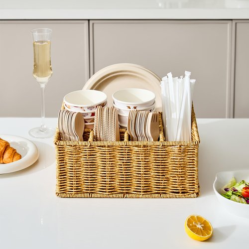 Berdeng Utensil Holder for Party, Paper Plate Dispenser for Countertop, Silverware Caddy for Picnic, Cutlery Holder for Kitchen Camping Buffet, Wicker Basket with 6 Compartments