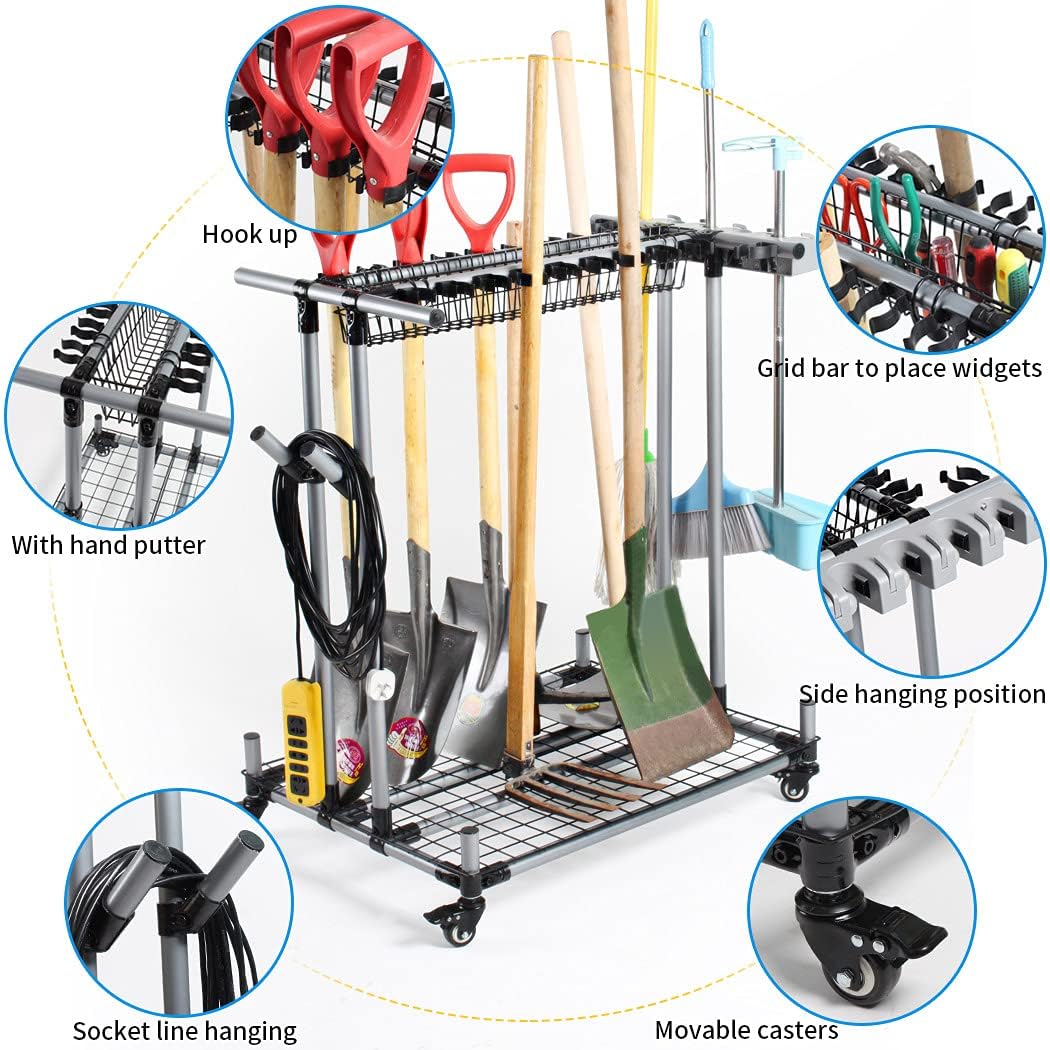 Skiennix Mobile Garden Tool Organizer - Heavy-Duty Metal Storage Holder for Long Lawn Tools | Sturdy Yard Cart