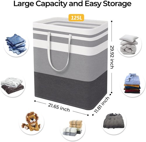 HomeHacks Large Waterproof Laundry Baskets - Collapsible Hampers with Reinforced Handles | Grey & Blue, 125L Each