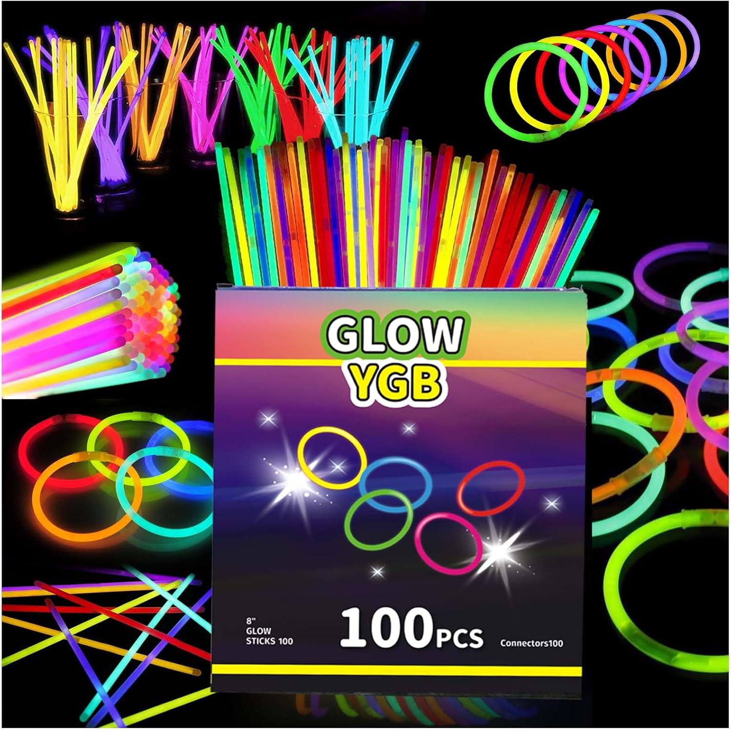 Skiennix Glow Sticks - 100PCS Bulk Party Pack | 8” Glow In The Dark Bracelets for Kids & Camping